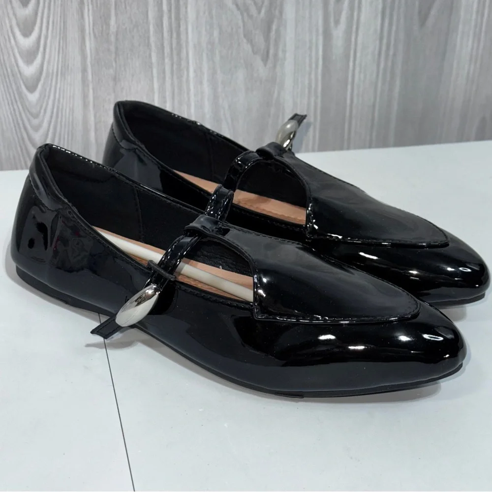 Black‎ Patent Leather Shiny T Strap Mary Jane Ballet Flat Shoes Women’s Size 8.5